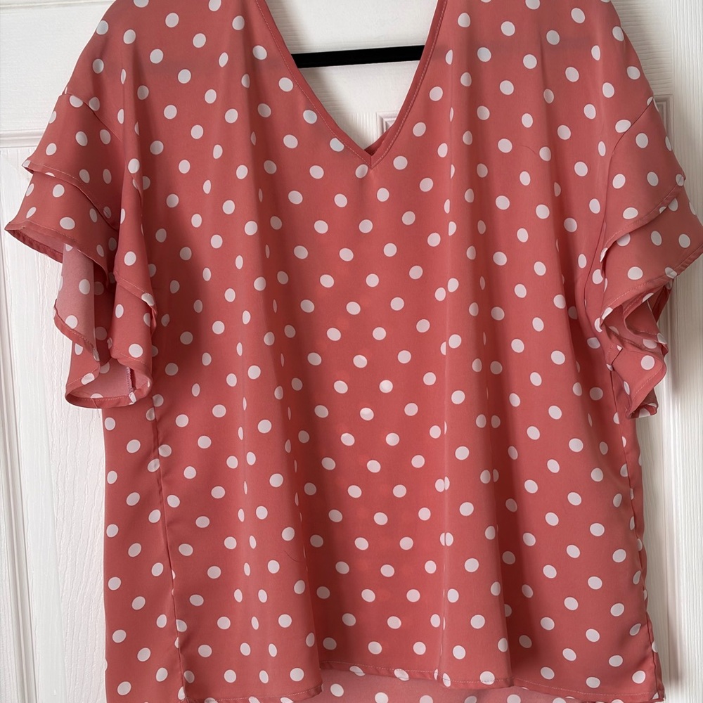 SHEIN Pink Polka Dot Ruffle Sleeve Blouse